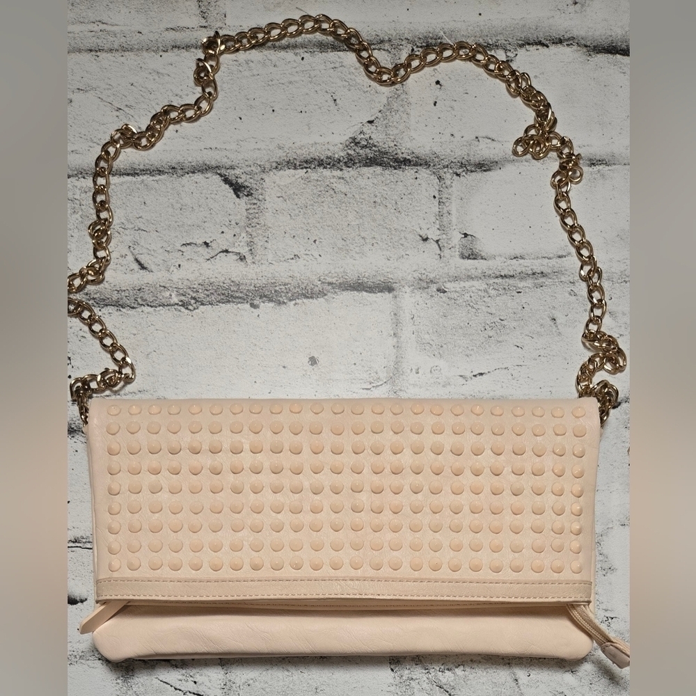 Aldo Nude Studded Crossbody Clutch Bag Gold Chain Convertible Purse - Picture 2 of 9
